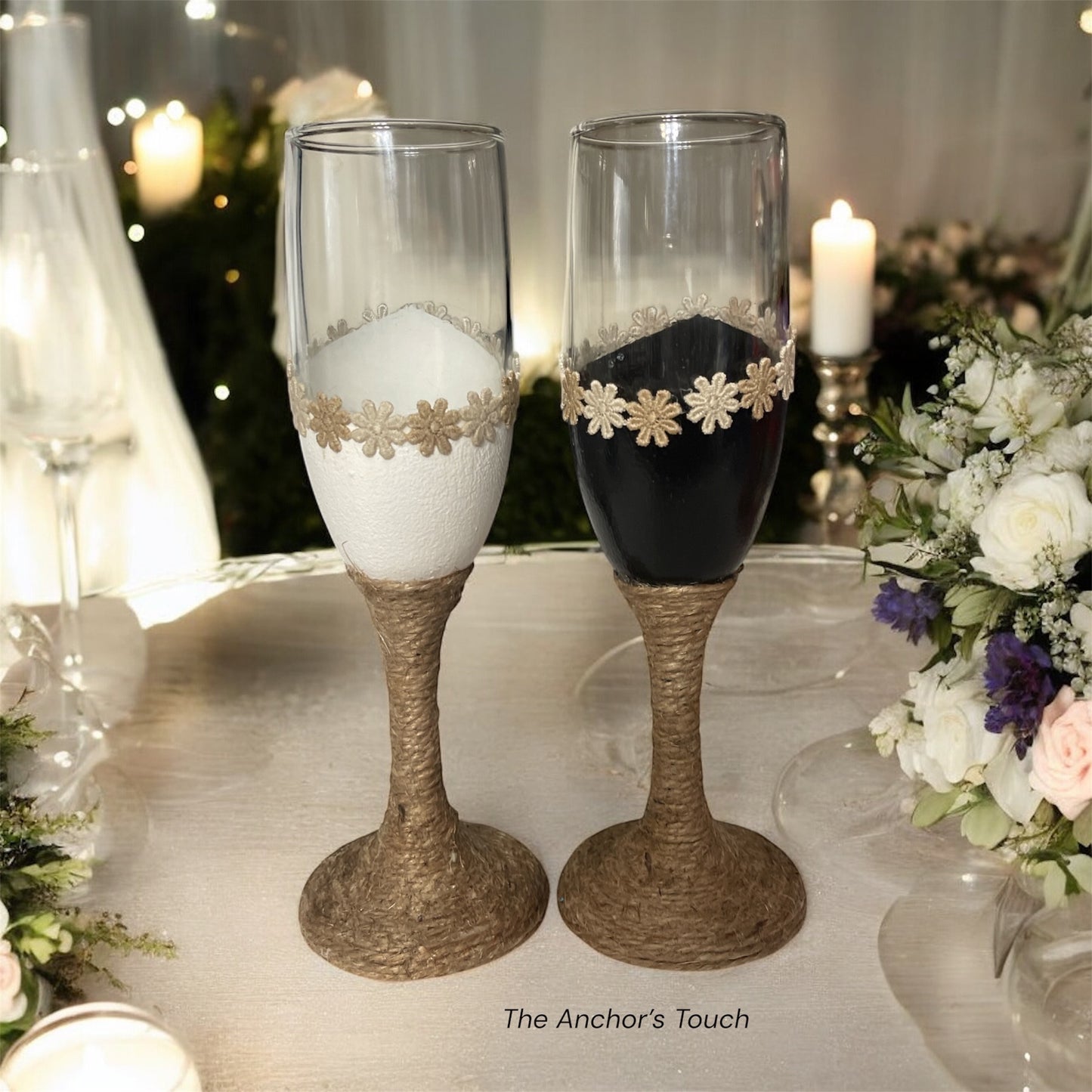 Bohemian Bride and Groom Champagne Flute Set