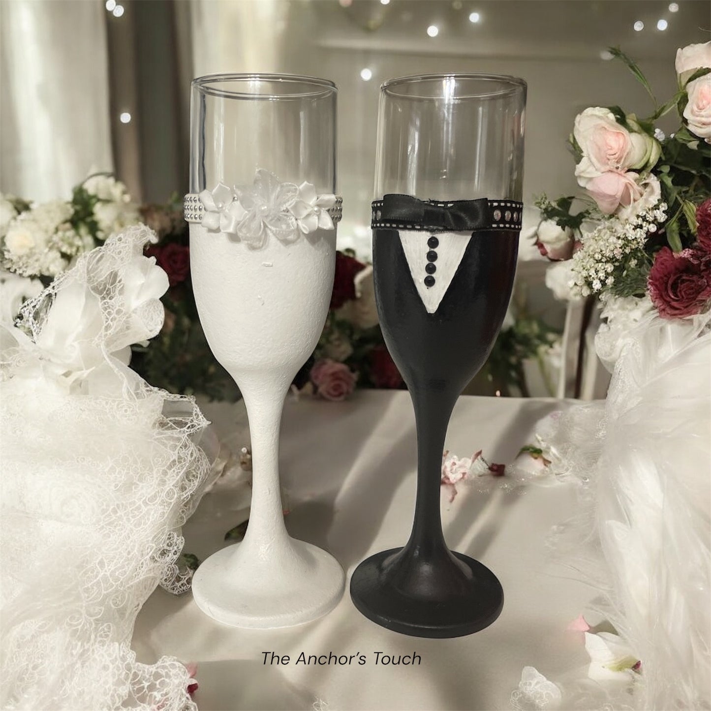 Rhinestone and Suede Bride and Groom Champagne Flute Set