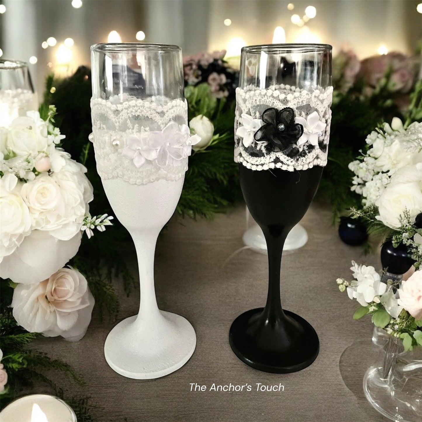Wrapped in Lace Bride and Groom Champagne Flutes