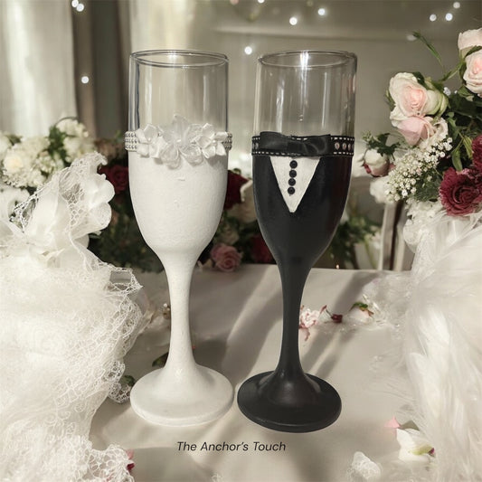 Rhinestone and Suede Bride and Groom Champagne Flute Set