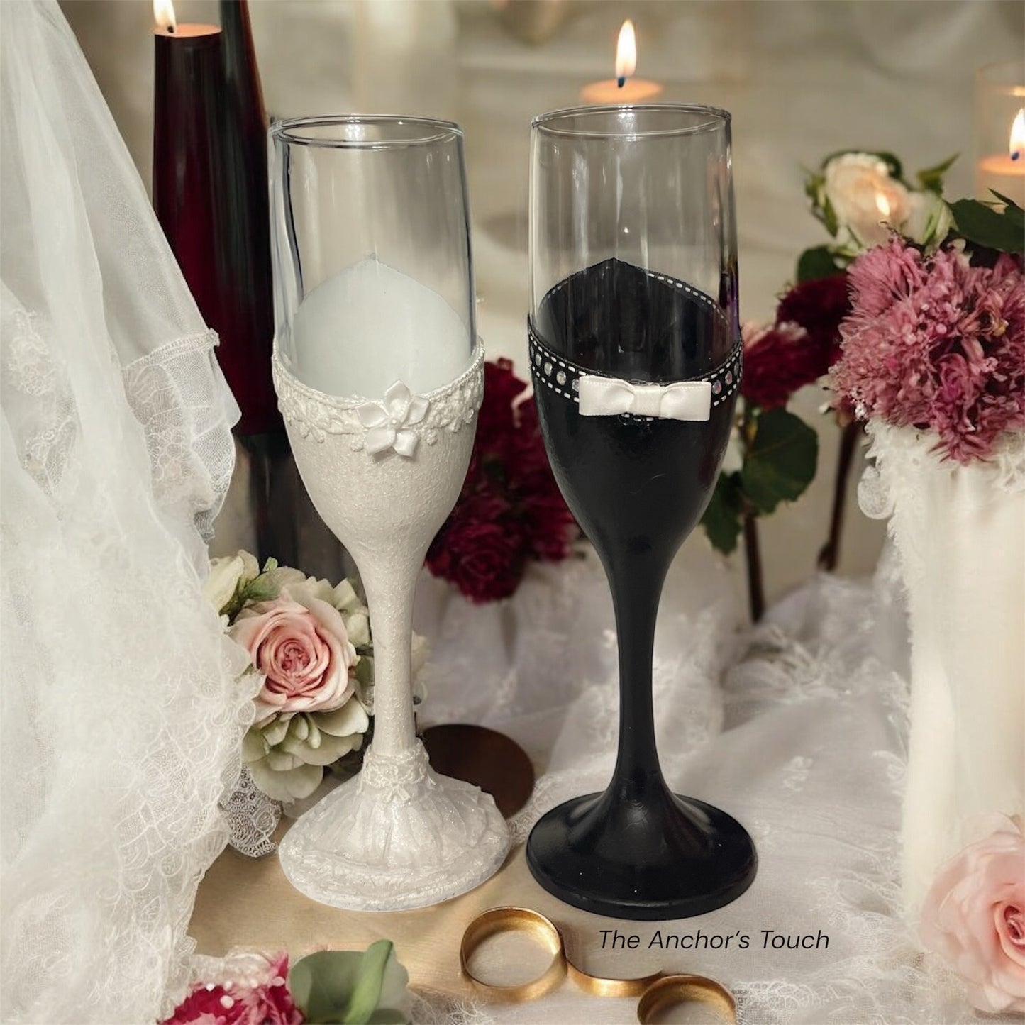 White Tie and Lace Bride and Groom Champagne Flute Set