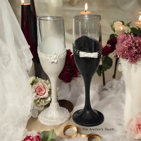 White Tie and Lace Bride and Groom Champagne Flute Set